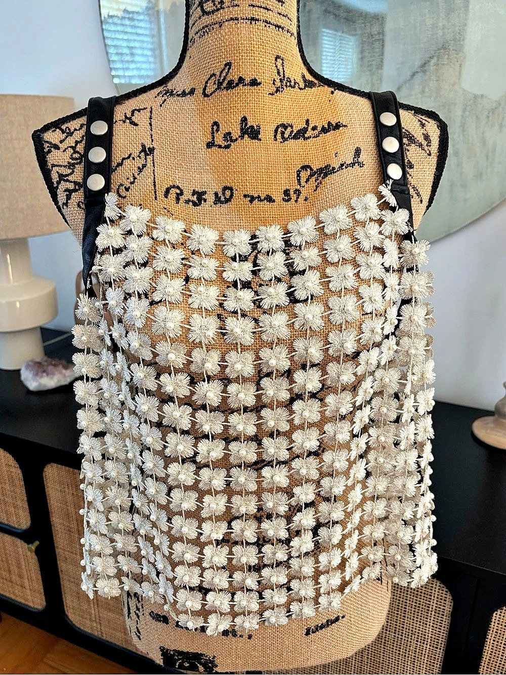 Maeve/Anthropologie Floral Pearl Embellished Mesh Camisole White & Black